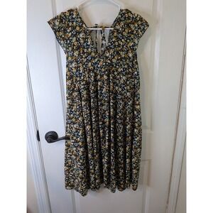 Navy Blue Yellow Floral V-Neck Tie Back Flutter Sleeve Summer Dress SKC6137